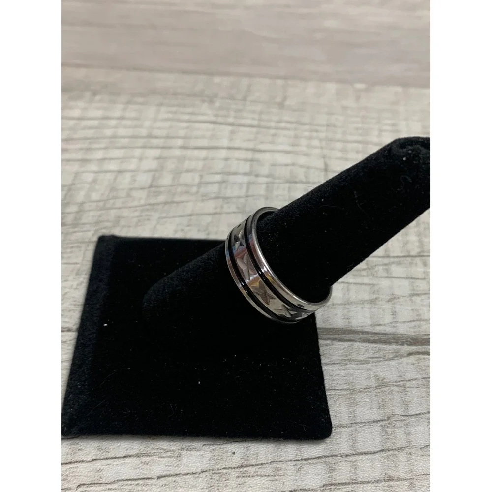 Stainless Steel Spinner Ring Black Enamel Star Etched Fidget Band Size 9.5